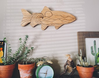 Wooden mountain surf trout wall hanging, surf, mountains, surf art, mountain art, fishing, trout, fishing art, boho, fly fishing