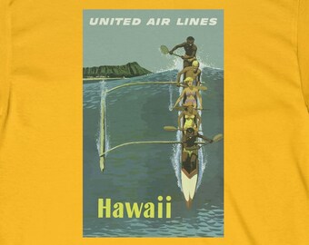 Hawaii - Outrigger Canoe - United Airlines - Vintage Look - Travel Poster