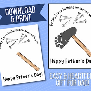 以下が含まれることがあります： ハンマーと釘が描かれた、印刷可能な父の日のカード。カードには「お父さん、あなたとの思い出作りが大好きです。」と「父の日おめでとう！」と書かれています。