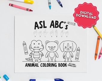 Könnte beinhalten: Schwarzweißes druckbares Malbuch mit einem Alligator, einem Bären und einem Hund. Der Titel lautet "ASL ABC's Animal Coloring Book" mit einer zusätzlichen Zahlen-Seite.