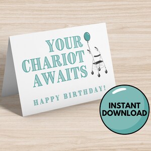 Su carro espera tarjeta de cumpleaños - tarjeta de felicitación - tarjeta descargable - descarga instantánea - tarjeta en blanco - feliz cumpleaños - persona mayor - caminante