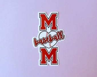 Op de afbeelding: Een rode en witte sticker met een baseballthema met het woord "baseball" in de vorm van een hart en de letters "M" aan beide kanten.