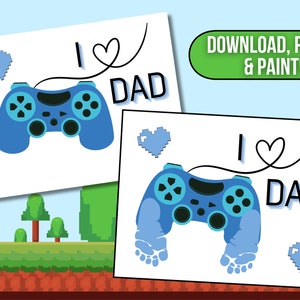 May include: Two printable cards with a blue video game controller and the text "I love Dad" with a heart. The cards are designed for coloring.