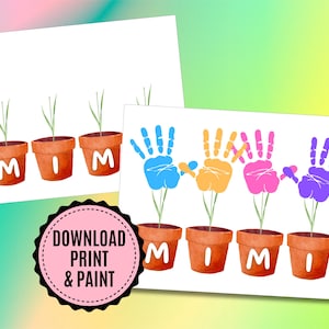 May include: Two white prints with a colorful theme. One print shows three terracotta pots with the letters "MIM" and sprouts. The other print shows handprints in blue, orange, pink, and purple, with the letters "MIM" in pots.