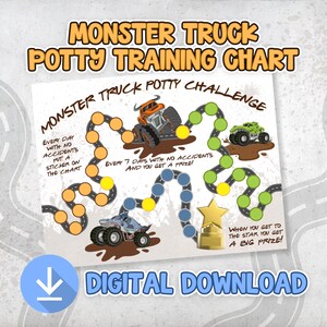 May include: A potty training chart featuring monster trucks, with a road design and the text "Monster Truck Potty Training Chart". The chart includes instructions and a digital download icon.