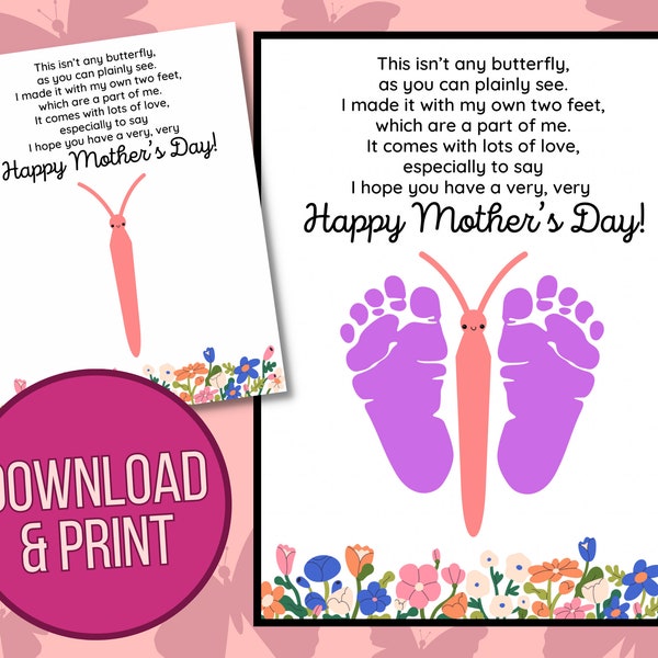 Mother's Day Butterfly Printable - Download Print - Kids Craft - Gifts - Kids Baby Toddler - DIY - Footprint Art - Gifts for Mom - Butterfly