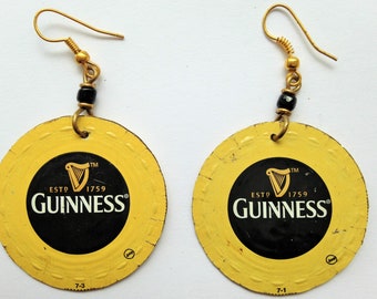 Guinness earrings, Guinness gifts, Guinness bottle top earrings, fair trade recycled earrings, African earrings, St Patricks Day earrings
