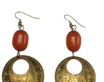 Brass Earrings, Brass and Amber Coloured Bead Earrings, Kenyan Earrings, African Brass Earrings, African Brass Earrings