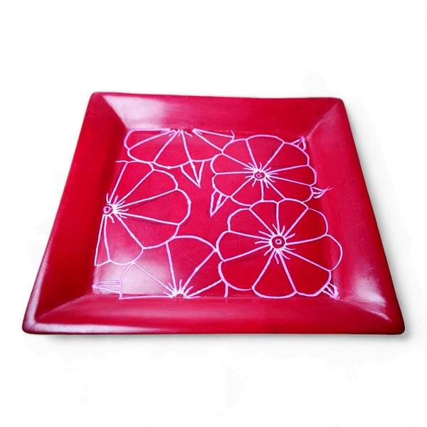 Cadeau inspiré de fleurs, plateau en stéatite fait à la main, cadeau inspiré du jardin, cadeau pour jardinier, plat rouge, plat décoratif rouge, petit plat rouge,