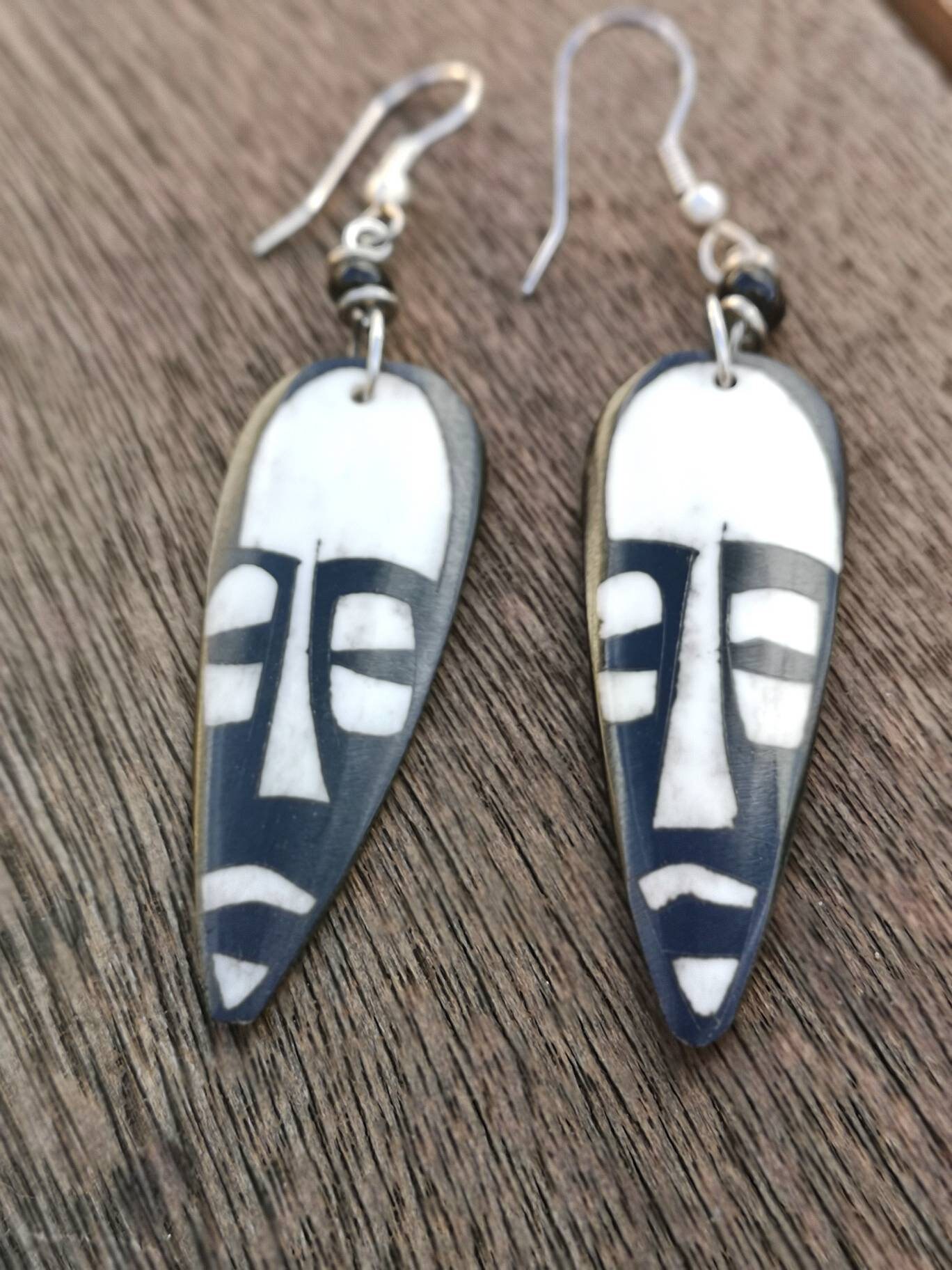 Fair Trade Mask Earrings, African Mask Earrings, Kenyan earrings, Tribal Mask Earrings, Bone earrings, Handmade Mask earrings