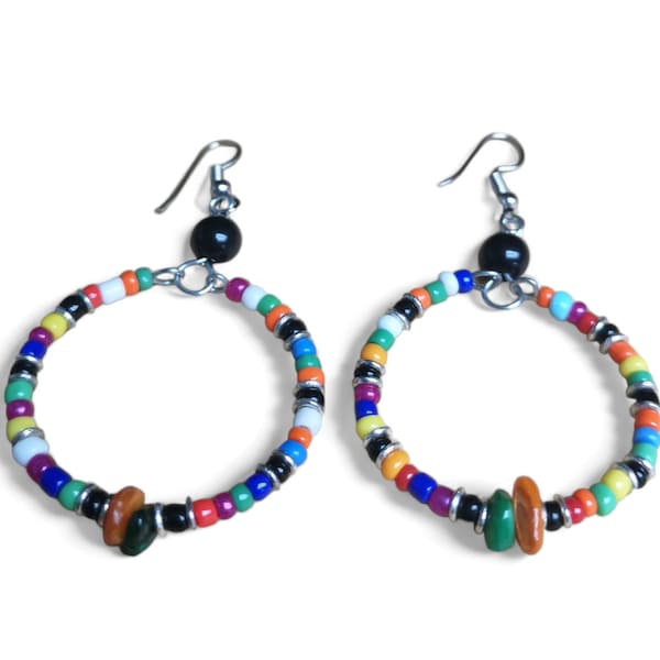 Handmade Beaded Hoop earrings, Rainbow beaded hoop earrings, Multi coloured Hoop Earring, Fair Trade Earrings