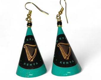 Pendientes Guinness, Pendientes Guinness de edición limitada, Pendientes kenianos, Pendientes Guinness negros y turquesas, Pendientes de San Patricio,