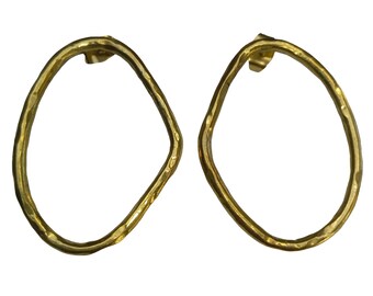 Handmade Brass earrings, Brass irregular hoop earrings, Oval brass earrings, Fair Trade brass earrings, Hammered brass earrings, Brass stud