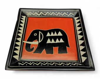 Small 4" Diameter Square Dish, Hand carved Soapstone, Elephant Tray, Elephant Dish, Soapstone Dish, African Decor, Elephant Trinket dish