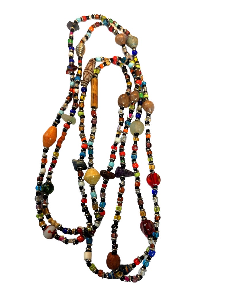 Extra Long Beaded Necklace, Multicoloured Beaded Necklace, Long African Beaded Necklace, Long Necklace, Fun Jewellery, Easy on Necklace zdjęcie 3