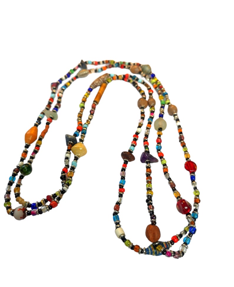 Extra Long Beaded Necklace, Multicoloured Beaded Necklace, Long African Beaded Necklace, Long Necklace, Fun Jewellery, Easy on Necklace zdjęcie 2