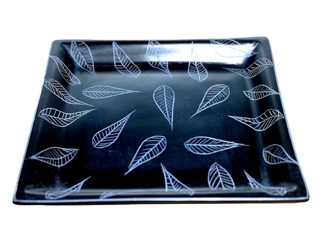 Black Leaf Engraved Soapstone Tray, Ornamental Dish, Black Soapstone