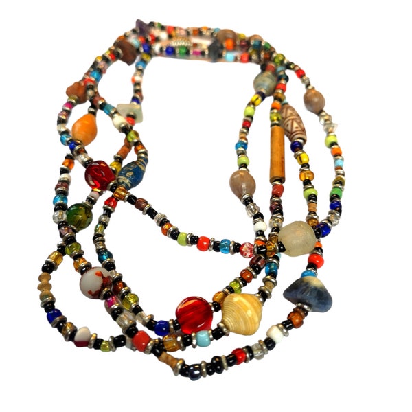 Collier de perles extra long, collier de perles multicolores, long collier de perles africaines, collier long, bijoux amusants, collier facile à enfiler