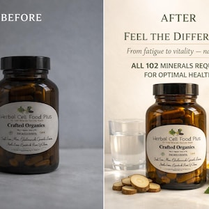 Peut inclure: Un flacon en verre brun avec un bouchon noir contenant des g&eacute;lules Herbal Cell Food Plus. L'&eacute;tiquette liste des ingr&eacute;dients comme le mousse de mer, le varech et la racine de bardane. Le texte indique Feel The Difference et All 102 Minerals.