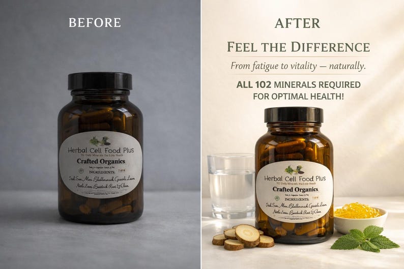 Peut inclure: Un flacon en verre brun avec un bouchon noir contenant des g&eacute;lules Herbal Cell Food Plus. L'&eacute;tiquette liste des ingr&eacute;dients comme le mousse de mer, le varech et la racine de bardane. Le texte indique Feel The Difference et All 102 Minerals.