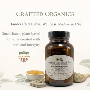 Peut inclure: Un flacon en verre ambr&eacute; de g&eacute;lules Herbal Cell Food Plus avec un bouchon noir. L'&eacute;tiquette indique Crafted Organics et liste des ingr&eacute;dients dont Irish Sea Moss, Bladderwrack, Burdock Root et Cloves. Des g&eacute;lules et de la poudre sont visibles.