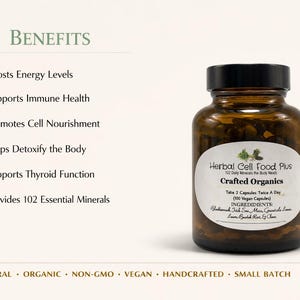 Peut inclure: Un flacon en verre ambr&eacute; avec un bouchon noir contenant des g&eacute;lules Herbal Cell Food Plus. L'&eacute;tiquette indique les ingr&eacute;dients et l'utilisation. Le texte &agrave; gauche liste les bienfaits. Le texte en bas indique All Natural, Organic, Non-GMO, Vegan, Handcrafted, Small Batch.