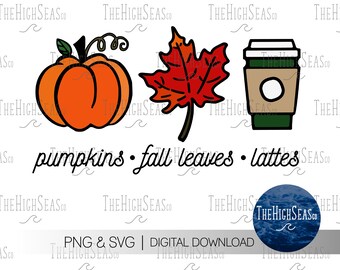 Pumpkins Fall Leaves Lattes | Digital Download, Sublimation Design, PNG & SVG file