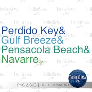 May include: A digital download graphic design featuring the text "Perdido Key & Gulf Breeze & Pensacola Beach & Navarre" in blue, green, and white text on a white background. The graphic includes a logo for "The High Seas Co."