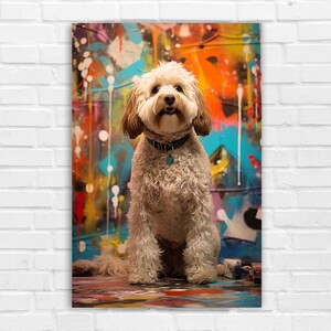 Cockapoo inmitten von Graffiti, AI Art, Wall Art, AI Generated Art, Digital Art Print, Digital Download, Dog Print, druckbare AI Art, Home Decor