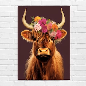 Highland cow with Floral Headband, AI Art, Wall Art, AI Generated Art, Digital Art Print, Digital Download, Digital Art, Printable AI Art