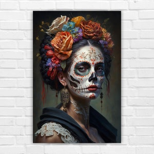 Day of the Dead Frida Oil Painting, Digital Art Print, Wall Art, AI Generated, AI Art, Digital Download, Home Decor, Printable AI Art