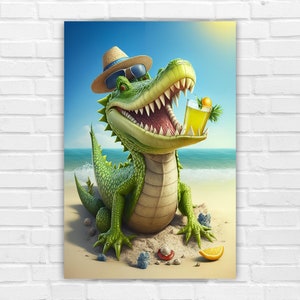 Krokodil am Strand, AI Art, Wall Art, AI Wall Art, AI Generated Art, Digital Art Print, Digital Download, Home Decor, printable, Humor