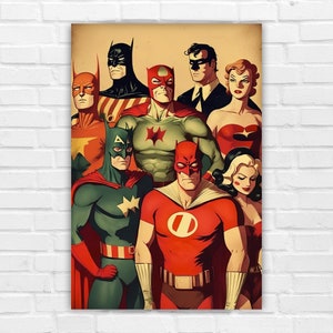 Vintage Superheroes, Digital Art Print, Wall Art, AI Generated, AI Art, Digital Download, Home Decor, Printable AI Art