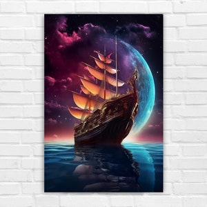 Barco cósmico en aguas tranquilas, arte de IA, arte de pared, arte generado por IA, impresión de arte digital, descarga digital, arte digital, arte de IA imprimible, decoración