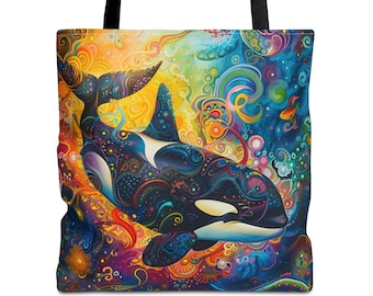 Bolso tote con estampado de ballena orca, estilo boho pop art, ideal para la playa.