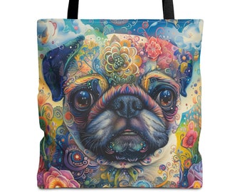Boho Pop Art Pug Dog Tote Bag, Gift for Dog Lovers
