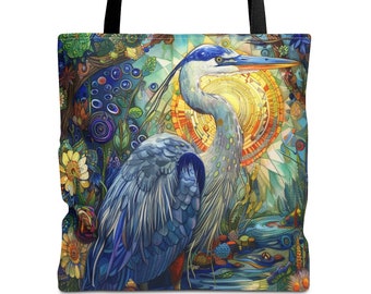 Boho Blue Heron Tote Bag: Pop Art Bird Lover Gift