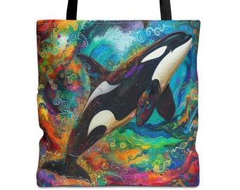 Boho Orca Whale Tote Bag, Colorful Pop Art