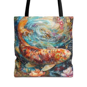 Floral Boho Aesthetic Japanese Koi Tote Bag Cute Pop Art for Beach, Shopping, Books, Gift for Fish Lovers Mother&#39;s Day Birthday Present