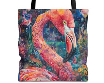 Boho Pink Flamingo Tote Bag, Pop Art Shopping Tote