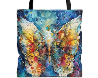 Boho Butterfly Tote Bag, Colorful Pop Art Insect Design