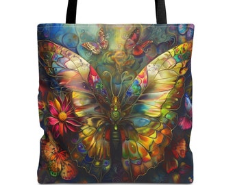 May include: A colorful tote bag featuring a large, detailed butterfly with wings made of stained glass. The butterfly is surrounded by smaller butterflies and flowers.