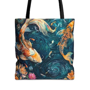 Japanese Koi Tote Bag Aesthetic Boho Cute Pop Art for Beach, Shopping, Books, Gift for Fish Lovers Mother&#39;s Day Birthday Present
