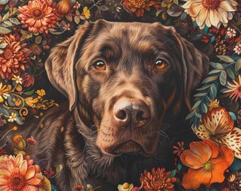 Lienzo floral de Labrador de chocolate: un regalo vibrante para los amantes de los perros