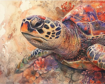 Boho Floral Sea Turtle Canvas Art: Colorful Ocean Print