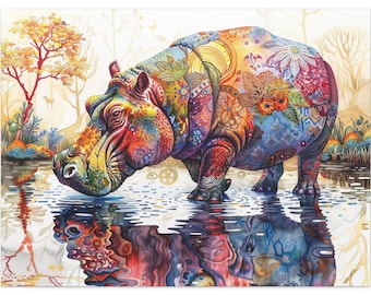 Rainbow Hippo Canvas Art: Pop Art Animal Print, Boho Home Decor