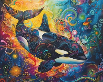 Impresión abstracta en lienzo de orca: arte bohemio para pared oceánica