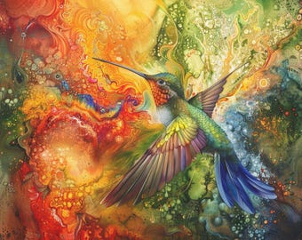Rainbow Hummingbird Canvas Print: Abstract Boho Wall Art