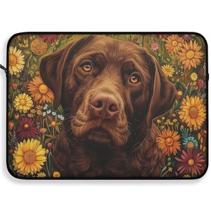 May include: A chocolate brown Labrador Retriever dog with a serious expression, surrounded by a colorful array of flowers in shades of yellow, orange, red, and purple.