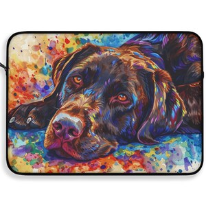 May include: A colorful watercolor painting of a chocolate Labrador Retriever dog lying down with its head resting on its paws. The dog's fur is a rich brown color, and the background is a vibrant mix of colors, including blue, green, yellow, and orange.